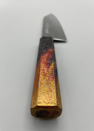 【切付包丁】槌目ダマスカス 183mm 漆塗り（火炎漆）八角柄