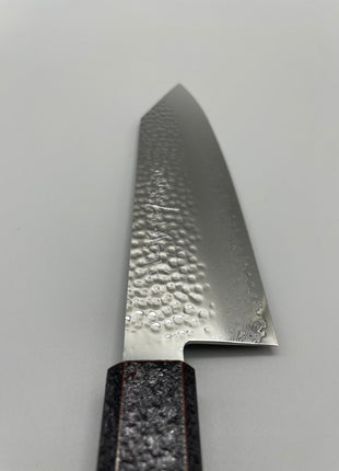 【切付包丁】槌目ダマスカス 183mm 漆塗り（火炎漆）八角柄
