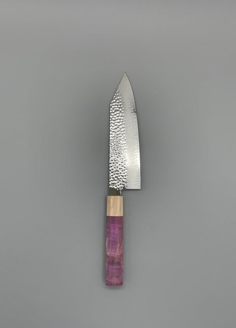 【切付包丁】槌目ダマスカス 180mm メープルとスタビライズドウッド（ピンク）八角柄