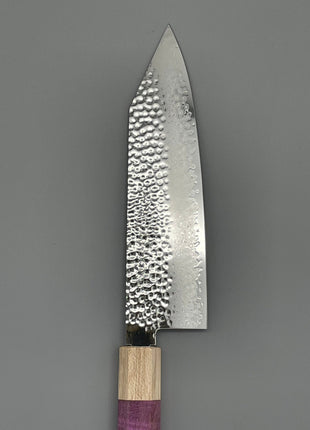 【切付包丁】槌目ダマスカス 180mm メープルとスタビライズドウッド（ピンク）八角柄