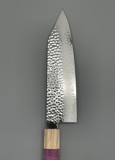 【切付包丁】槌目ダマスカス 180mm メープルとスタビライズドウッド（ピンク）八角柄