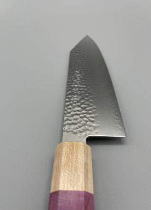 【切付包丁】槌目ダマスカス 180mm メープルとスタビライズドウッド（ピンク）八角柄