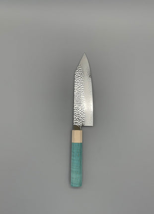 【切付包丁】槌目ダマスカス 180mm メープルとスタビライズドウッド（ブルー）八角柄