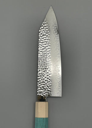 【切付包丁】槌目ダマスカス 180mm メープルとスタビライズドウッド（ブルー）八角柄
