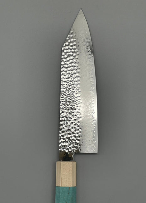 【切付包丁】槌目ダマスカス 180mm メープルとスタビライズドウッド（ブルー）八角柄