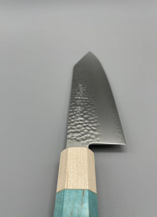 【切付包丁】槌目ダマスカス 180mm メープルとスタビライズドウッド（ブルー）八角柄