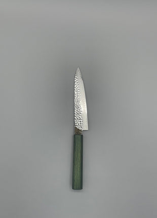 【ペティナイフ】槌目ダマスカス 150mm 漆塗り（緑漆）八角柄