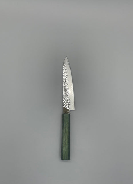 【ペティナイフ】槌目ダマスカス 150mm 漆塗り（緑漆）八角柄