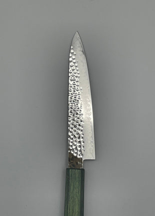 【ペティナイフ】槌目ダマスカス 150mm 漆塗り（緑漆）八角柄