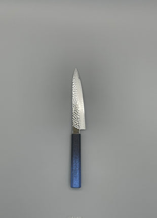 【ペティナイフ】槌目ダマスカス 150mm 漆塗り（青烈火黒）八角柄