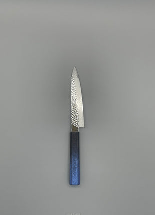 【ペティナイフ】槌目ダマスカス 150mm 漆塗り（青烈火黒）八角柄