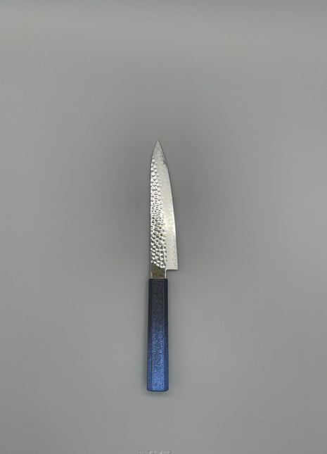 【ペティナイフ】槌目ダマスカス 150mm 漆塗り（青烈火黒）八角柄