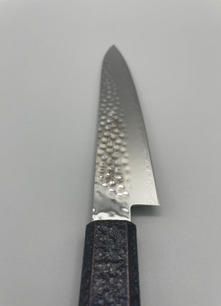 【ペティナイフ】槌目ダマスカス 150mm 漆塗り（青烈火黒）八角柄