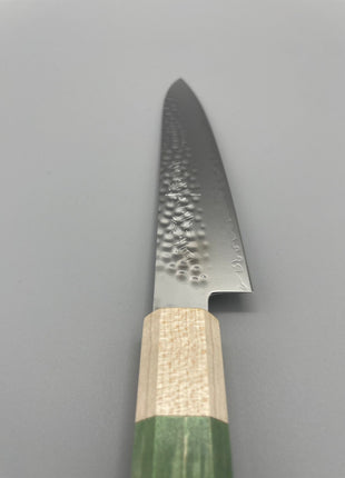 【ペティナイフ】槌目ダマスカス 150mm メープルとスタビライズドウッド（グリーン）八角柄