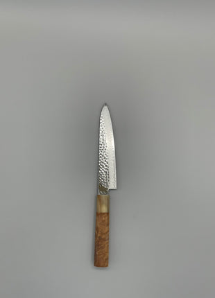 【ペティナイフ】和包丁柄 槌目ダマスカス 150mm 水牛とカリンコブ八角柄