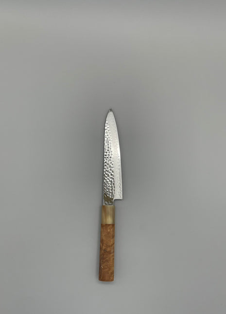 【ペティナイフ】和包丁柄 槌目ダマスカス 150mm 水牛とカリンコブ八角柄