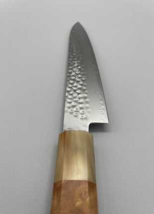 【ペティナイフ】和包丁柄 槌目ダマスカス 150mm 水牛とカリンコブ八角柄